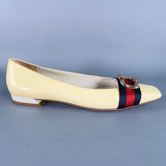 GUCCI Vintage 10 Vernice Beige Red Blue Patent Leather Web Bamboo Buckle Flats - Picture 2 of 15